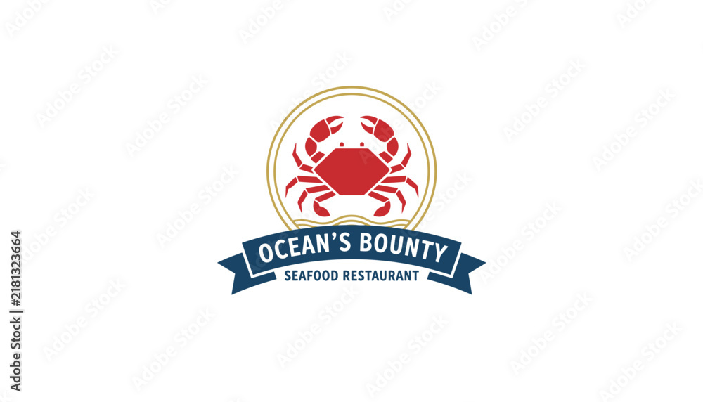 Fototapeta premium Elegant seafood restaurant logo template with a red crab emblem in a golden circle above a navy blue text banner.