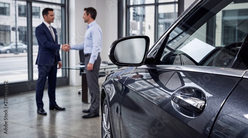 A salesman and a customer shaking hands inside a modern showroom next to a luxury vehicle with car sits foreground