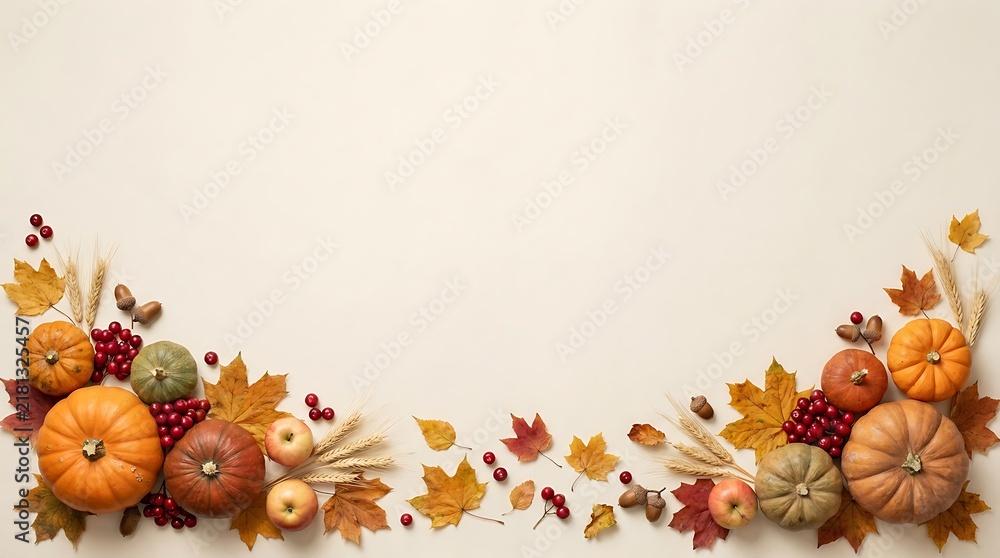 Fototapeta premium Autumn harvest decoration featuring pumpkins apples wheat leaves and berries arranged in a natural seasonal border