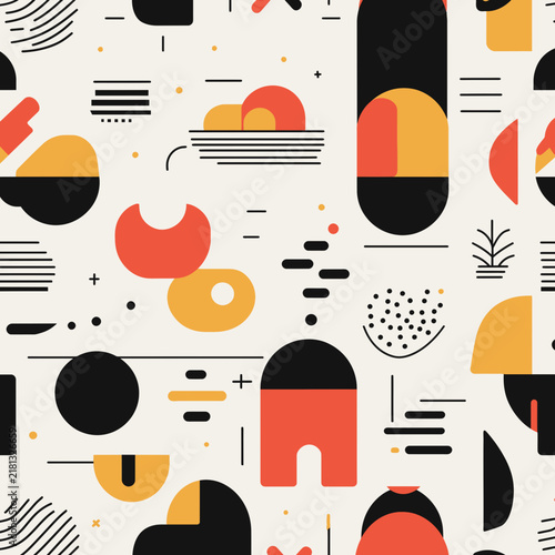 Minimalist Geometric Seamless Pattern Featuring Abstract Bauhaus Inspired Shapes Surface Design
