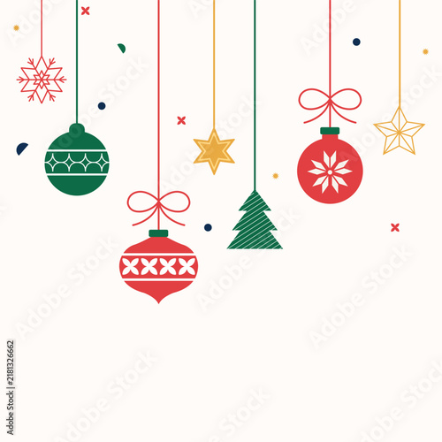 Christmas Ornament Background with Hanging Baubles Stars and Christmas Tree