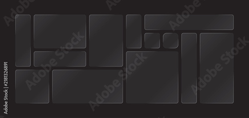 Collection of transparent glass frames with glowing edge lighting; glass panel effect templates featuring light and shadow. Vector illustration.