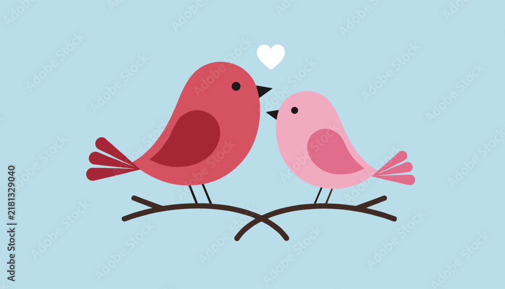 Obraz premium Pair of cute cartoon lovebirds sitting together on a branch with a small white heart between them on a light blue background.