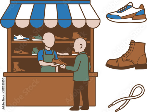 Konstfotografi Shoe Store Illustration with a Customer and Vendor, Displaying Various Footwear
