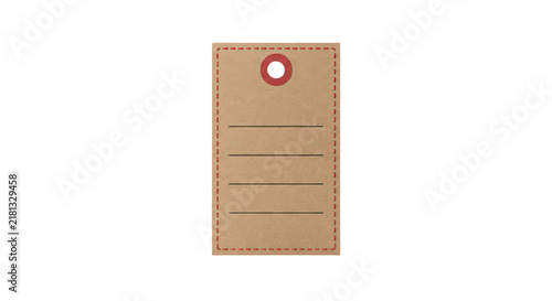Blank brown kraft paper gift tag with red stitching isolated on white background
