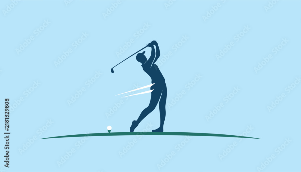 Fototapeta premium Silhouette of a professional golfer swinging a club on the green field against a bright blue sky background.