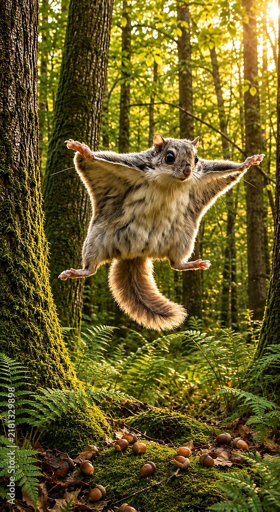 Obraz premium Flying squirrel gliding through a sunlit forest