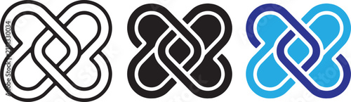 Set of three abstract geometric knot symbols, stylized interlocking heart or infinity loop shapes in outline, solid black, and blue gradient styles, vector illustration