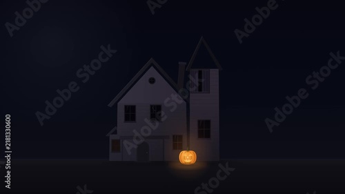 Atmospheric Halloween animation featuring a spooky haunted house at night as a group of black bats emerges from an upper window and flies into the dark sky. The window opens with subtle physical movem