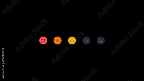 Interactive five-level feedback animation featuring face emotes ranging from angry to very happy. Features sequential activation, smooth scale responses, dynamic color transitions, and expressive micr