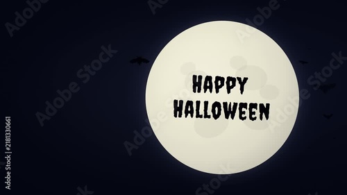 Large glowing full moon illuminating a dark Halloween night sky as bats fly across the moon creating dramatic black silhouettes. Cinematic spooky atmosphere designed for Halloween, horror, mystery, se