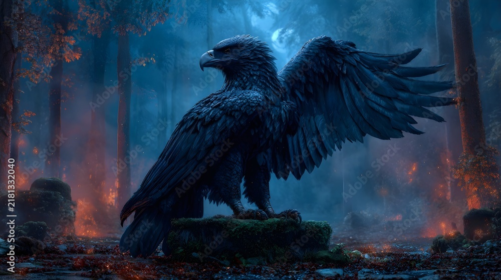 Obraz premium Large black raven perched on a rock with wings spread in moonlit forest