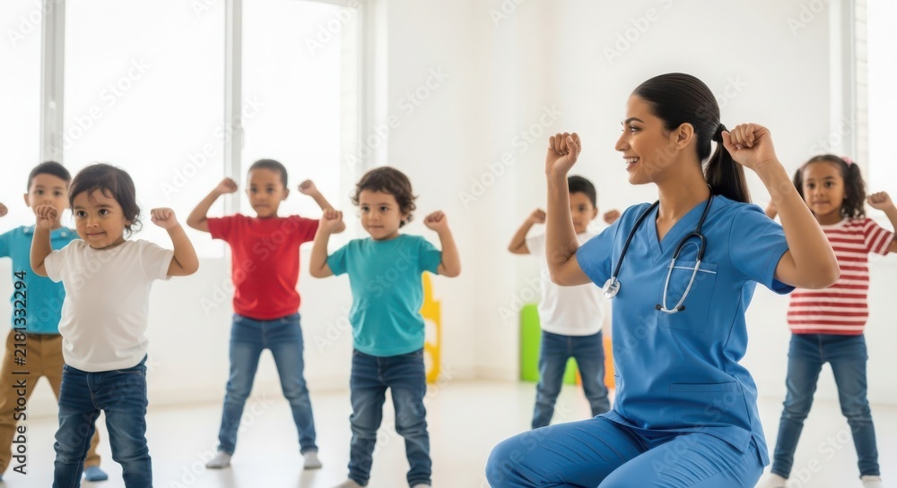 Obraz premium Children engaging in physical exercise class led by a healthcare professional in a bright room
