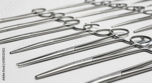 Close-up Collection of Polished Surgical Scissors, Medical Instruments Lined Up in Order