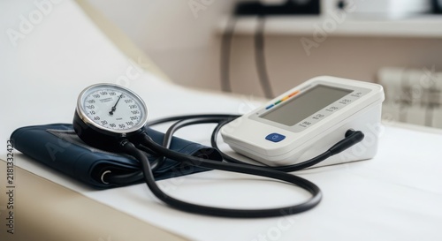 Close up of medical blood pressure monitor device with analog gauge and digital display for health monitoring