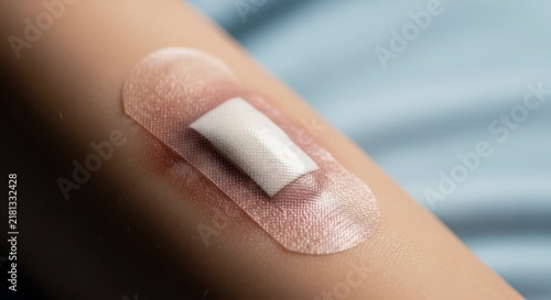 Close up view of a transparent bandage applied to human skin for injury care and protection.