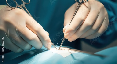 Close Up of Surgeon's Gloved Hands Performing Delicate Surgical Suture with Instruments