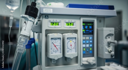 Close-up detailed view of a modern anesthesia machine with digital displays and analog gauges in a medical setting