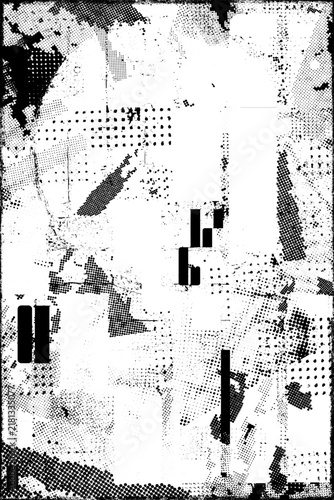 Glitch distorted grungy isolated layers . Design element for brochure, social media, posters, flyers. Overlay texture.Textured banner with Distress effect .Vector halftone dots . Screen print texture