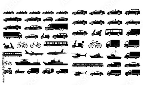 Land, Air and Sea Transportation Silhouette Vector Set