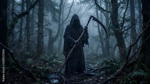 A mysterious hooded figure holding a scythe standing in a dark and foggy forest at twilight