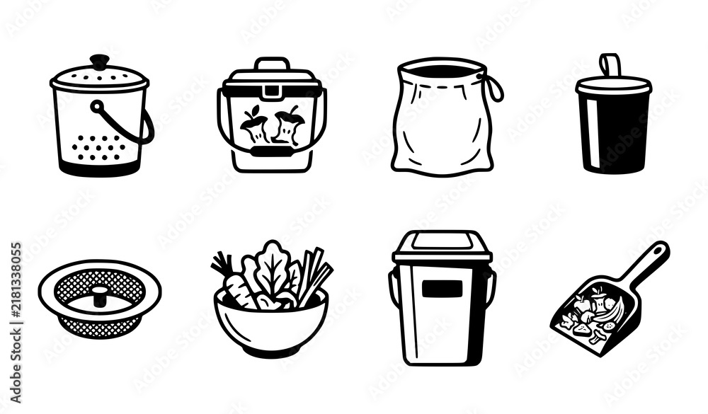 Obraz premium Collection of black and white compost bins food waste containers and gardening tools