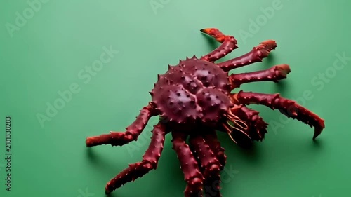 A large red king crab isolated on a solid green background.