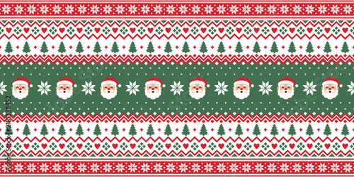 Christmas sweater pattern with Santa Claus, snowflakes, Christmas trees, hearts and Nordic geometric motifs, seamless festive red green cream textile design