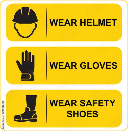 Personal protective equipment signs with yellow background for industrial safety and construction site work wear.
