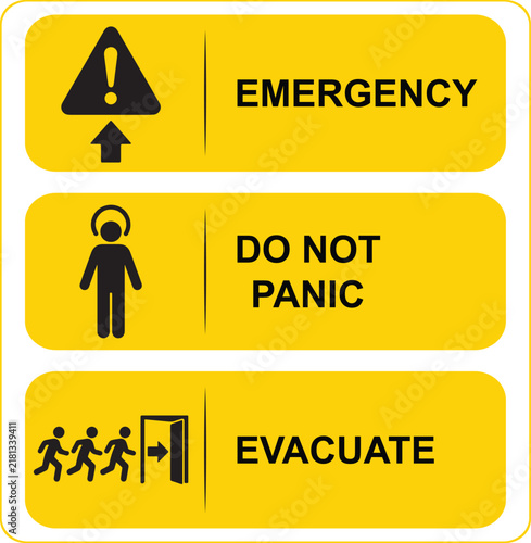 Emergency instruction sign with yellow color palette design for safety information in public or industrial building