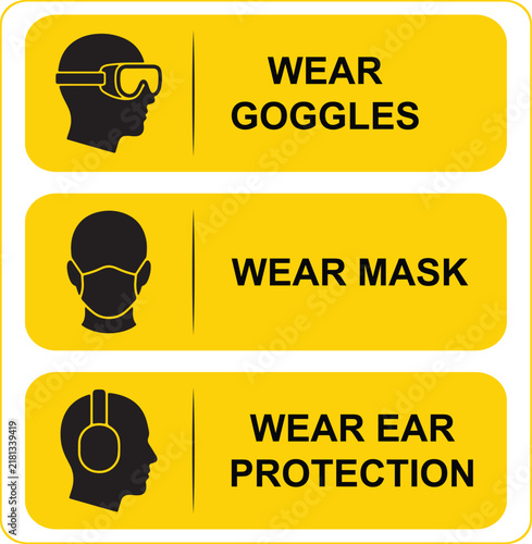 Personal respiratory and sensory protection signs with yellow background for safe working environment compliance.
