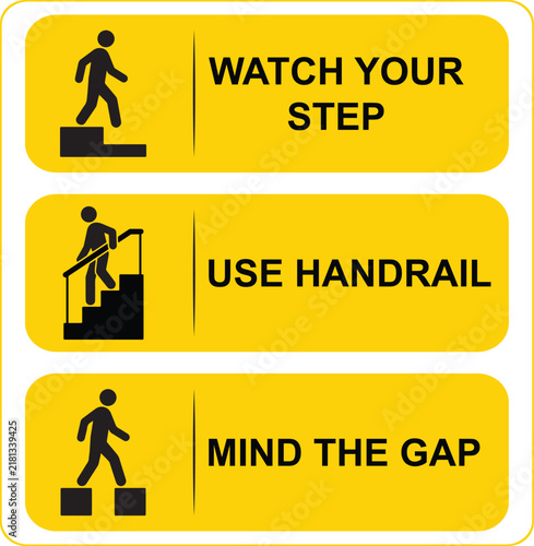 Stairway safety signage set with yellow background for hazard awareness and fall prevention in building design.