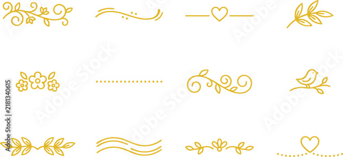 Decorative floral line dividers and wedding heart ornaments set in gold outlined style.