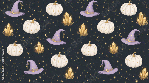 Seamless Celestial Witchy Halloween Pattern with White Magic Pumpkins, Purple Witch Hats, Glowing Gold Crystals, and Constellations on Dark Background
