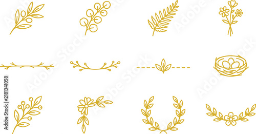 Set of gold botanical and nature-inspired design elements for elegant decoration and branding.