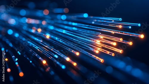 Fiber optic cable glowing with blue and orange light streams representing high speed internet data transmission and digital telecommunication network