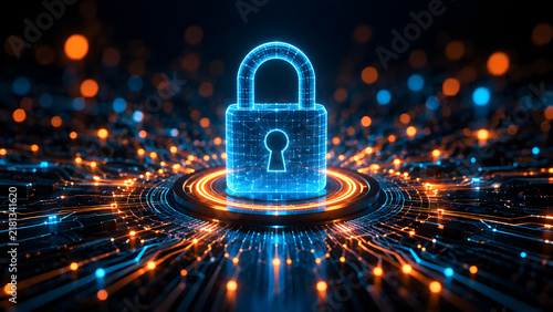 Cybersecurity digital padlock concept on glowing circuit board representing data protection privacy internet safety and network encryption technology