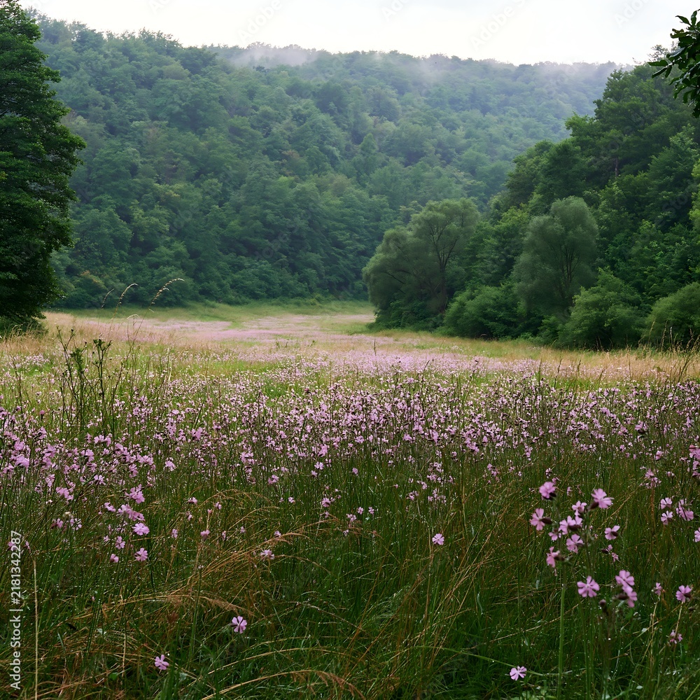 Obraz premium Hungarian meadow along wooded valley with green trees
