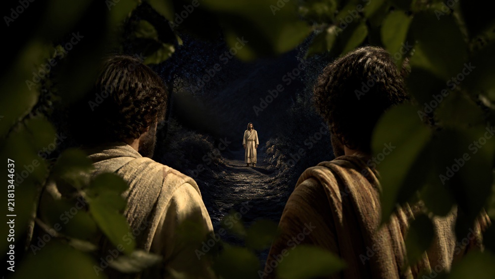 Fototapeta premium Two disciples follow Jesus standing on dark path at night among trees. Biblical scene of first meeting with Messiah. Faith, calling and gospel story from John. Christian concept for church and Easter