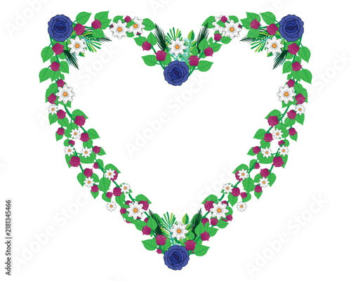 A heart-shaped frame vector design adorned with floral arrangements, including blue roses, small white flowers, and pink buds with green leaves.