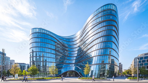 Modern architectural building with a wavy glass facade under a clear sky