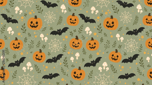 Seamless Cute Halloween Pattern with Smiling Pumpkins, Black Bats, Wild Mushrooms, Leaves, and Cobwebs on Sage Green Background