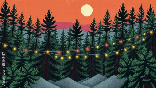 Christmas fairy lights in the pine forest at sunset illustration