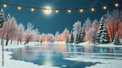Winter landscape with frozen lake and fairy lights under full moon