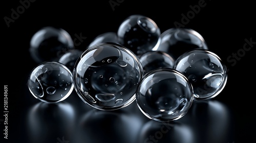 Luxury abstract 3d cosmetic capsule spheres with micro bubbles on dark black background
