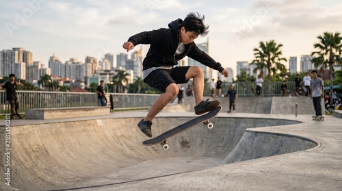 Young Skateboarder Performing Aerial Trick in Urban Concrete Skate Park at Sunset