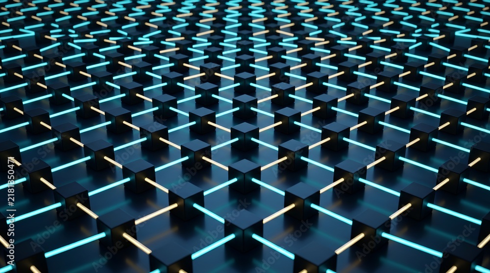 Obraz premium Decentralized Blockchain Network Grid With Black Cubes And Glowing Cyan Connections