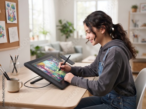Young Female Artist Creating Digital Art on Graphics Tablet at Home