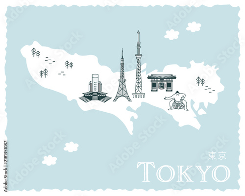 Tapety artystyczne 東京の旅：単色シンプルな観光名所マップ