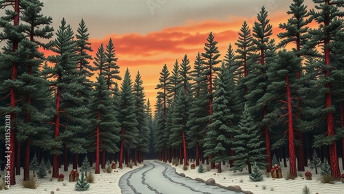 Snowy winding road through dense pine forest at sunset